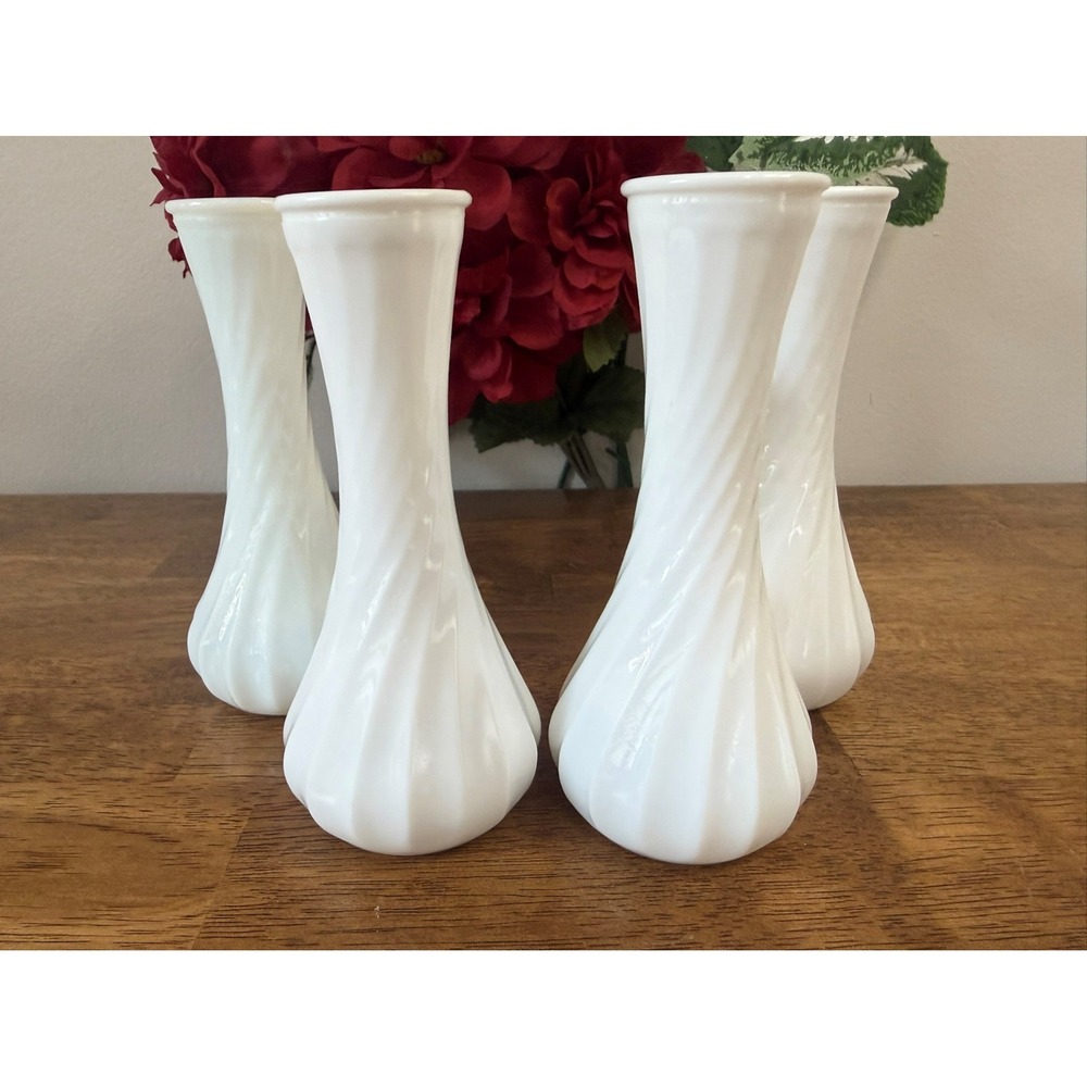 Vintage Hoosier Glass White Milk Glass Swirl Vases Set Holiday Wedding Decor‎
